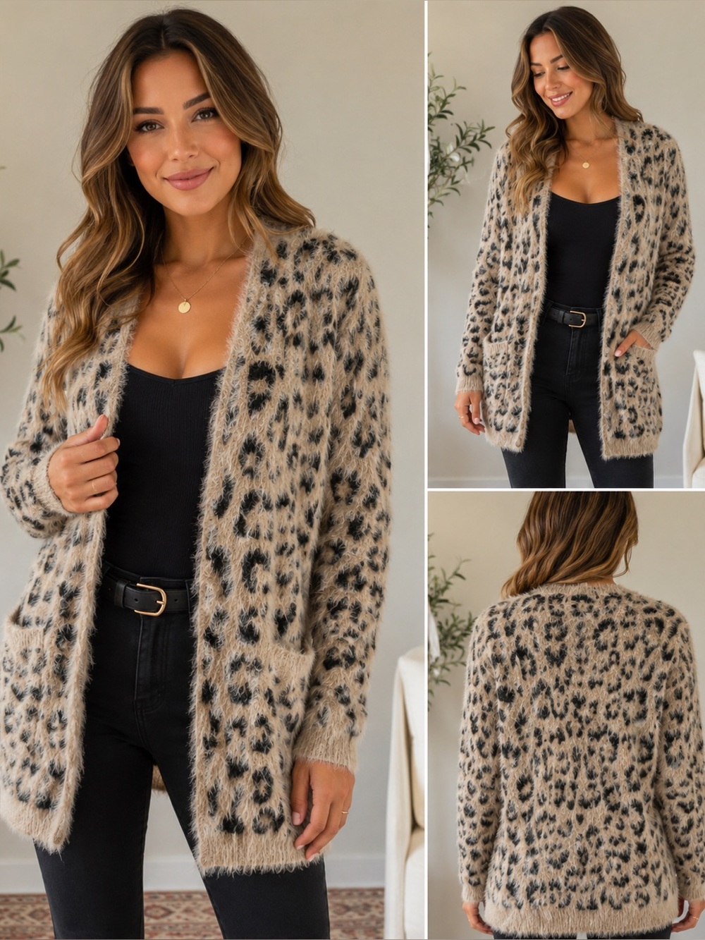 Janice Fuzzy Leopard Print Cardigan Sweater One Size